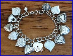 Sterling Silver Puffy Heart Charm Bracelet 14 Charms 7.5