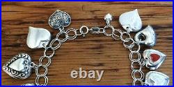 Sterling Silver Puffy Heart Charm Bracelet 14 Charms 7.5