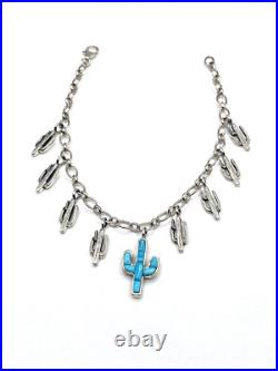 Sterling Silver Turquoise Inlay Charm Bracelet Saguaro Cactus Native American Sterling Silver Turquoise Inlay Charm Bracelet Saguaro Cactus Native American