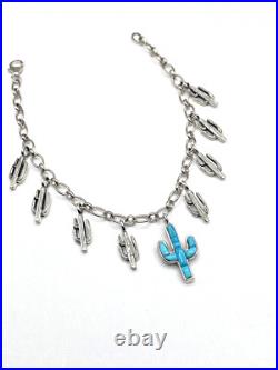 Sterling Silver Turquoise Inlay Charm Bracelet Saguaro Cactus Native American Sterling Silver Turquoise Inlay Charm Bracelet Saguaro Cactus Native American