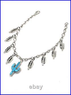 Sterling Silver Turquoise Inlay Charm Bracelet Saguaro Cactus Native American Sterling Silver Turquoise Inlay Charm Bracelet Saguaro Cactus Native American