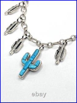 Sterling Silver Turquoise Inlay Charm Bracelet Saguaro Cactus Native American Sterling Silver Turquoise Inlay Charm Bracelet Saguaro Cactus Native American