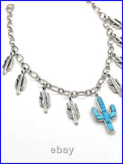 Sterling Silver Turquoise Inlay Charm Bracelet Saguaro Cactus Native American Sterling Silver Turquoise Inlay Charm Bracelet Saguaro Cactus Native American