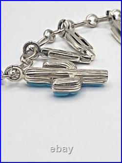 Sterling Silver Turquoise Inlay Charm Bracelet Saguaro Cactus Native American Sterling Silver Turquoise Inlay Charm Bracelet Saguaro Cactus Native American