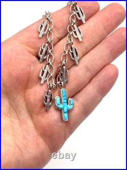 Sterling Silver Turquoise Inlay Charm Bracelet Saguaro Cactus Native American Sterling Silver Turquoise Inlay Charm Bracelet Saguaro Cactus Native American