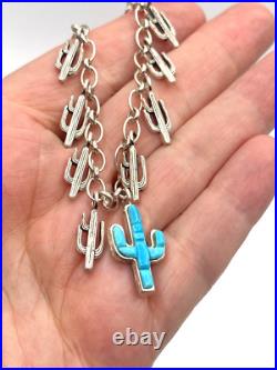 Sterling Silver Turquoise Inlay Charm Bracelet Saguaro Cactus Native American Sterling Silver Turquoise Inlay Charm Bracelet Saguaro Cactus Native American