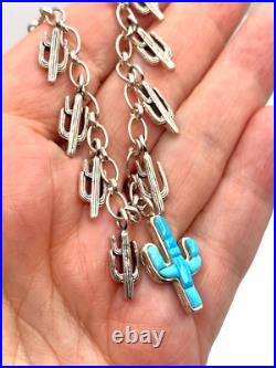 Sterling Silver Turquoise Inlay Charm Bracelet Saguaro Cactus Native American Sterling Silver Turquoise Inlay Charm Bracelet Saguaro Cactus Native American