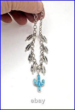 Sterling Silver Turquoise Inlay Charm Bracelet Saguaro Cactus Native American Sterling Silver Turquoise Inlay Charm Bracelet Saguaro Cactus Native American