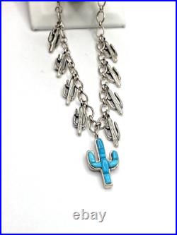 Sterling Silver Turquoise Inlay Charm Bracelet Saguaro Cactus Native American Sterling Silver Turquoise Inlay Charm Bracelet Saguaro Cactus Native American