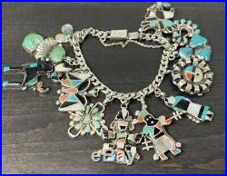 Sterling Silver Turquoise Native American Castelan Inlay 12 Charm Bracelet
