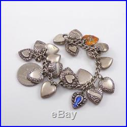 Sterling Silver Vintage Puffy Heart Charm Enamel Bracelet 6.75 QXD21