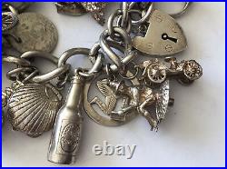 Stunning Vintage Sterling Silver Charm Bracelet Heart Lock 146 Grams C 1970