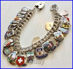 Stunning Vintage Very Heavy Solid Silver & Enamel Travel & Places Charm Bracelet