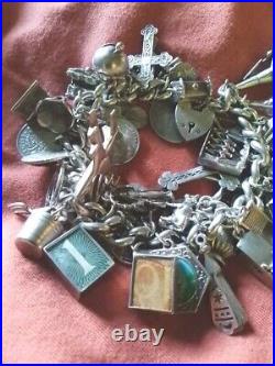 Superb And Heavy Vintage Solid Silver Ladies Charm Bracelet 45 Charms