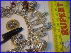 Superb Old Solid Silver Gigantic Massive Charm Bracelet-10 Inches Long! 38 Charms