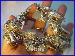 Superb Old Solid Silver Gigantic Massive Charm Bracelet-10 Inches Long! 38 Charms