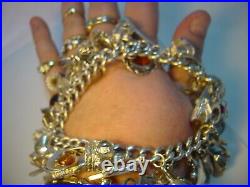 Superb Old Solid Silver Gigantic Massive Charm Bracelet-10 Inches Long! 38 Charms