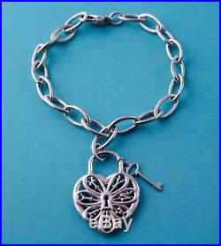 Sweet Tiffany &Co Silver Filigree Heart Key Charm Bracelet 7.75 inches