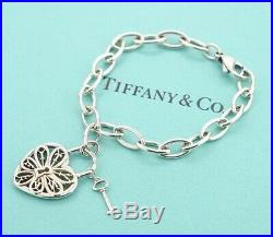TIFFANY&Co Filigree Heart Key Charm Bracelet Sterling Silver 925 Bangle