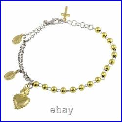 TWO TONE HEART CENTER BRACELET With CROSS & MEDALLION DANGLING CHARMS/ NEW