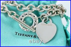 Tiffany & Co. 925 Sterling Silver Heart Charm Toggle Bracelet 7.5 withBox & Pouch