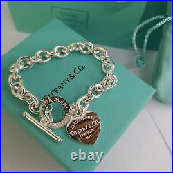 Tiffany & Co. 925 Sterling Silver Heart Tag Charm Chain Bracelet Size 7.5