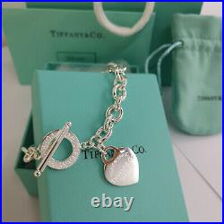 Tiffany & Co. 925 Sterling Silver Heart Tag Charm Chain Bracelet Size 7.5