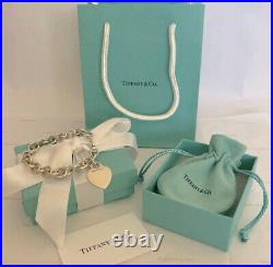 Tiffany & Co. Authentic Heart Tag Charm Bracelet Sterling Silver 7.5 With Pouch