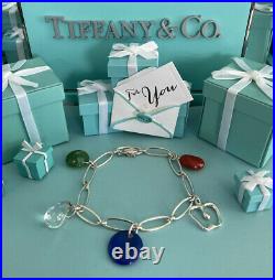 Tiffany&Co Elsa Peretti 5 Charm Bracelet Gemstone Bean Apple 7.25 Pouch Box