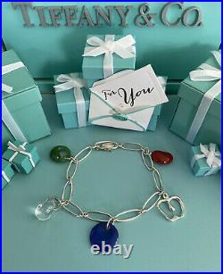 Tiffany&Co Elsa Peretti 5 Charm Bracelet Gemstone Bean Apple 7.25 Pouch Box