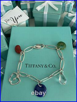 Tiffany&Co Elsa Peretti 5 Charm Bracelet Gemstone Bean Apple 7.25 Pouch Box