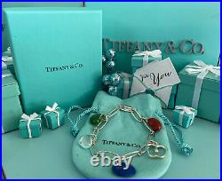 Tiffany&Co Elsa Peretti 5 Charm Bracelet Gemstone Bean Apple 7.25 Pouch Box