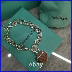 Tiffany & Co. Heart-Shaped Tag Charm 925 Sterling Silver Bracelet Size 7.75