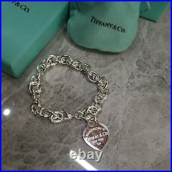 Tiffany & Co. Heart-Shaped Tag Charm 925 Sterling Silver Bracelet Size 7.75