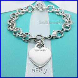 Tiffany & Co. Heart Tag Charm Bracelet Chain 925 Sterling Silver Authentic 7.75