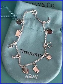 Tiffany & Co Love Notes Sterling Silver Charm Chain Bracelet Blue Enamel Hearts