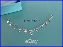 Tiffany & Co Love Notes Sterling Silver Charm Chain Bracelet Blue Enamel Hearts