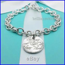 Tiffany & Co. New York Notes Round Tag Charm Chain Bracelet 925 Sterling Silver