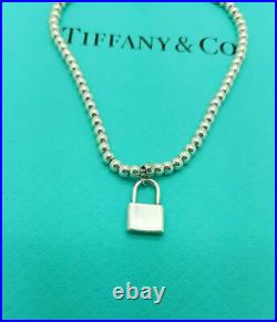 Tiffany & Co. RARE 1837 Silver 3mm Bead mini Lock Padlock Charm 6.75 Bracelet