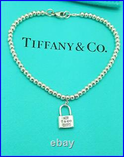 Tiffany & Co. RARE 1837 Silver 3mm Bead mini Lock Padlock Charm 6.75 Bracelet