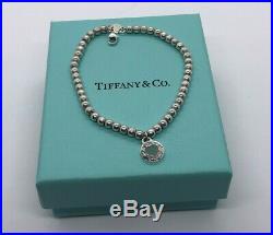 Tiffany & Co. Round Heart Charm Bead Bracelet 925 Sterling Silver Blue Enamel