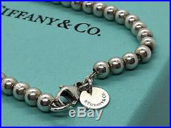 Tiffany & Co. Round Heart Charm Bead Bracelet 925 Sterling Silver Blue Enamel