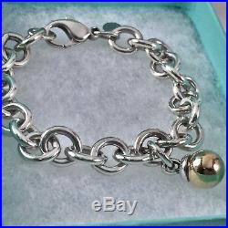 Tiffany & Co Silver Bangle Bracelet 18k Gold Fascination Ball Charm 7.5L 18416A