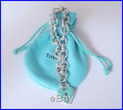 Tiffany & Co Silver Blue Enamel Medium Heart Lock Charm Pendant 7.5 Bracelet