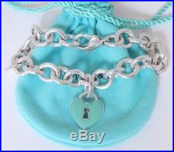 Tiffany & Co Silver Blue Enamel Medium Heart Lock Charm Pendant 7.5 Bracelet