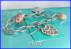 Tiffany & Co Silver Charm Bracelet Enamel Pig Cup Cake I Love You Heart Key 7.5