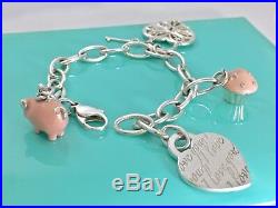 Tiffany & Co Silver Charm Bracelet Enamel Pig Cup Cake I Love You Heart Key 7.5