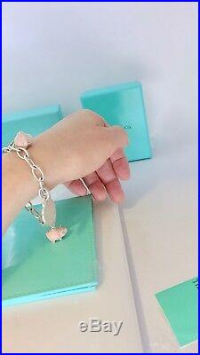 Tiffany & Co Silver Charm Bracelet Enamel Pig Cup Cake I Love You Heart Key 7.5