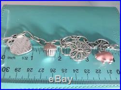 Tiffany & Co Silver Charm Bracelet Enamel Pig Cup Cake I Love You Heart Key 7.5