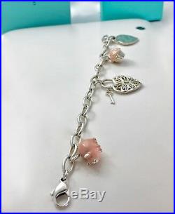 Tiffany & Co Silver Charm Bracelet Enamel Pig Cup Cake I Love You Heart Key 7.5